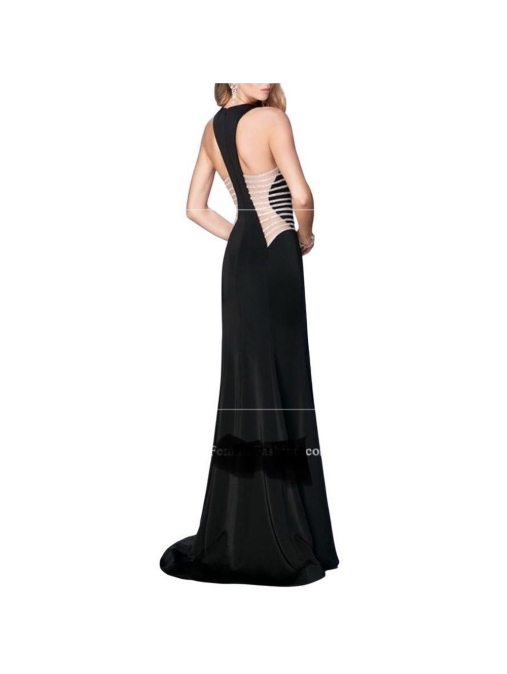 La Femme Sleeveless Mesh Cut Out Bling Formal Full Length Black Evening Dress 8